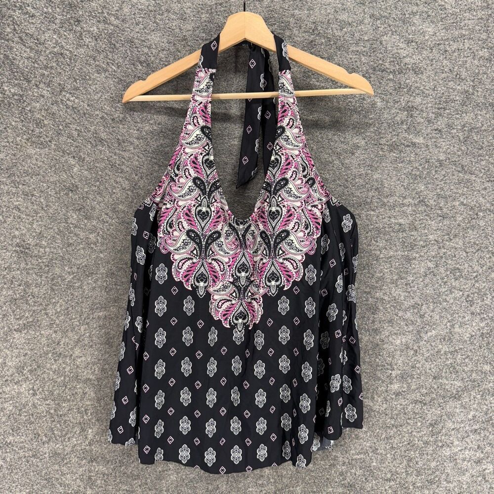 Island Escape Tankini Top Women 18W Plus Black Geometric Sleeveless Halter Neck